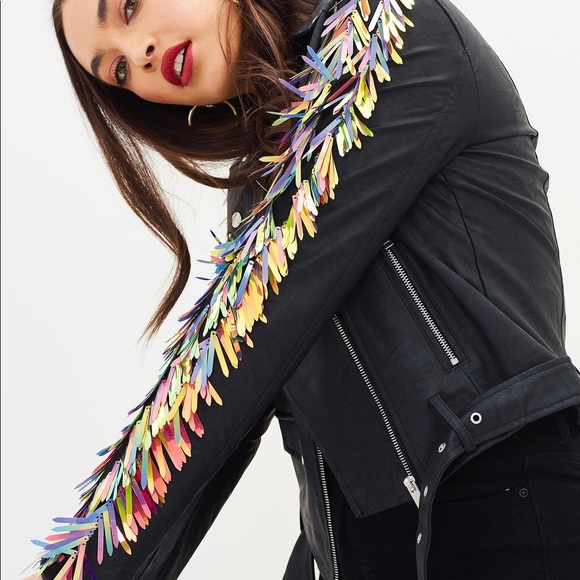 NWT Misguided black sequin sleeve biker jacket sz2 - Picture 4 of 6